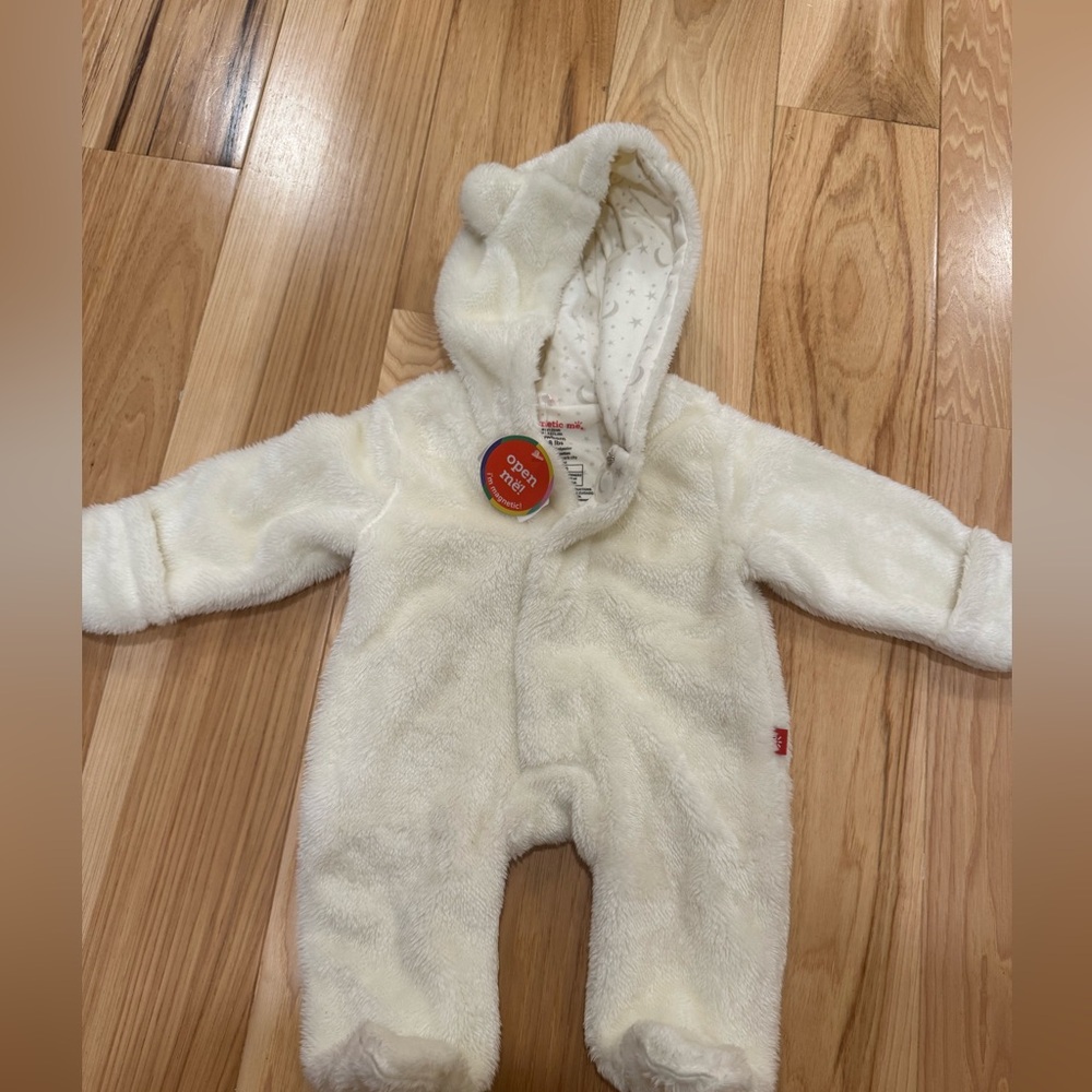 Magnetic me, White fuzzy baby snowsuit, NWT